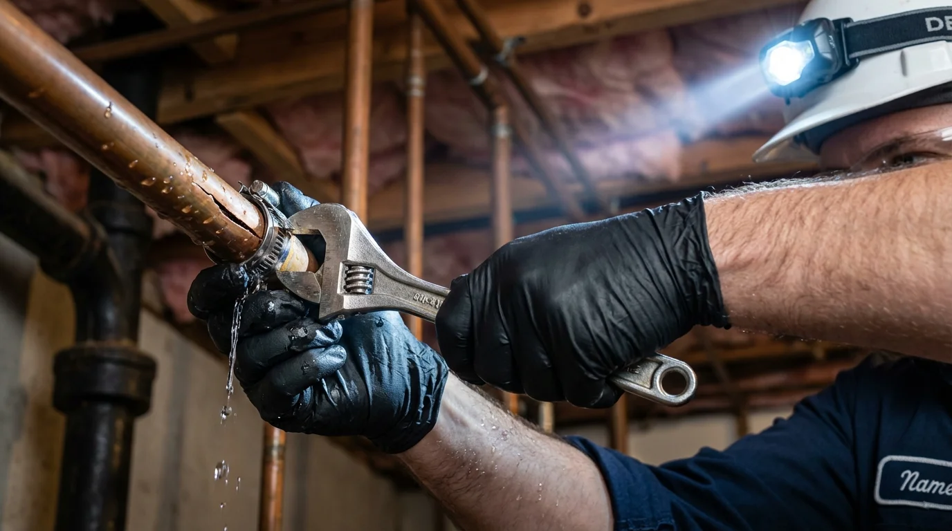 Emergency pipe clamp repair being performed by a Johns Plumbing LLC plumber in Fayetteville