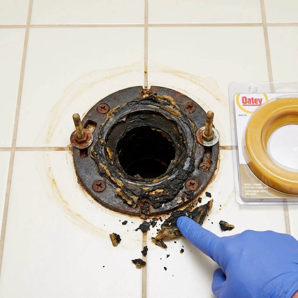 Failed wax ring showing water seepage at the base of a toilet in a Fayetteville, PA home