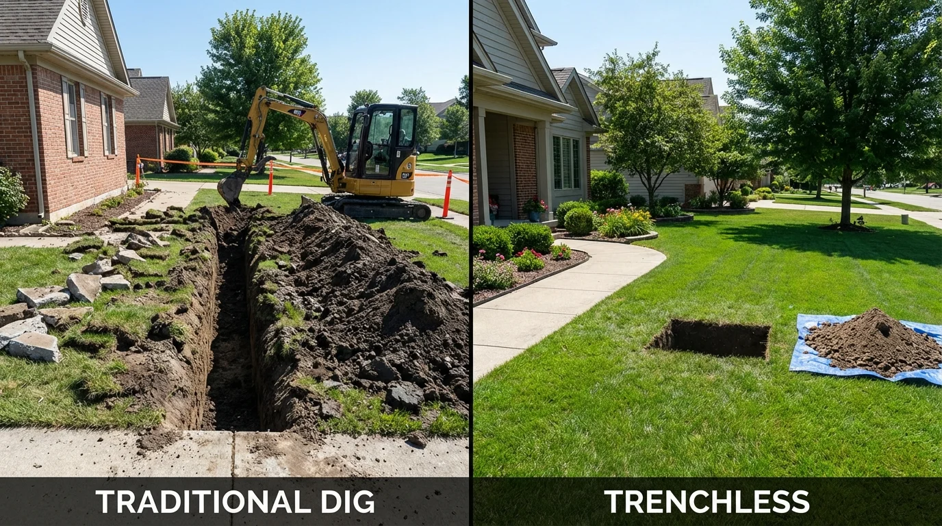 Trenchless sewer repair with minimal yard damage versus traditional excavation in Fayetteville, PA