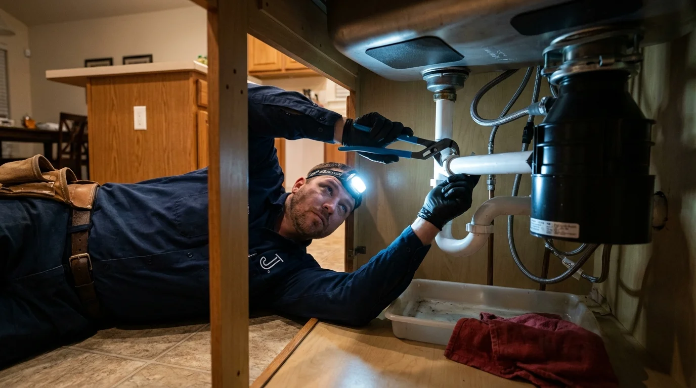 P-trap and supply line connections under a kitchen sink showing a common leak point in Fayetteville, PA